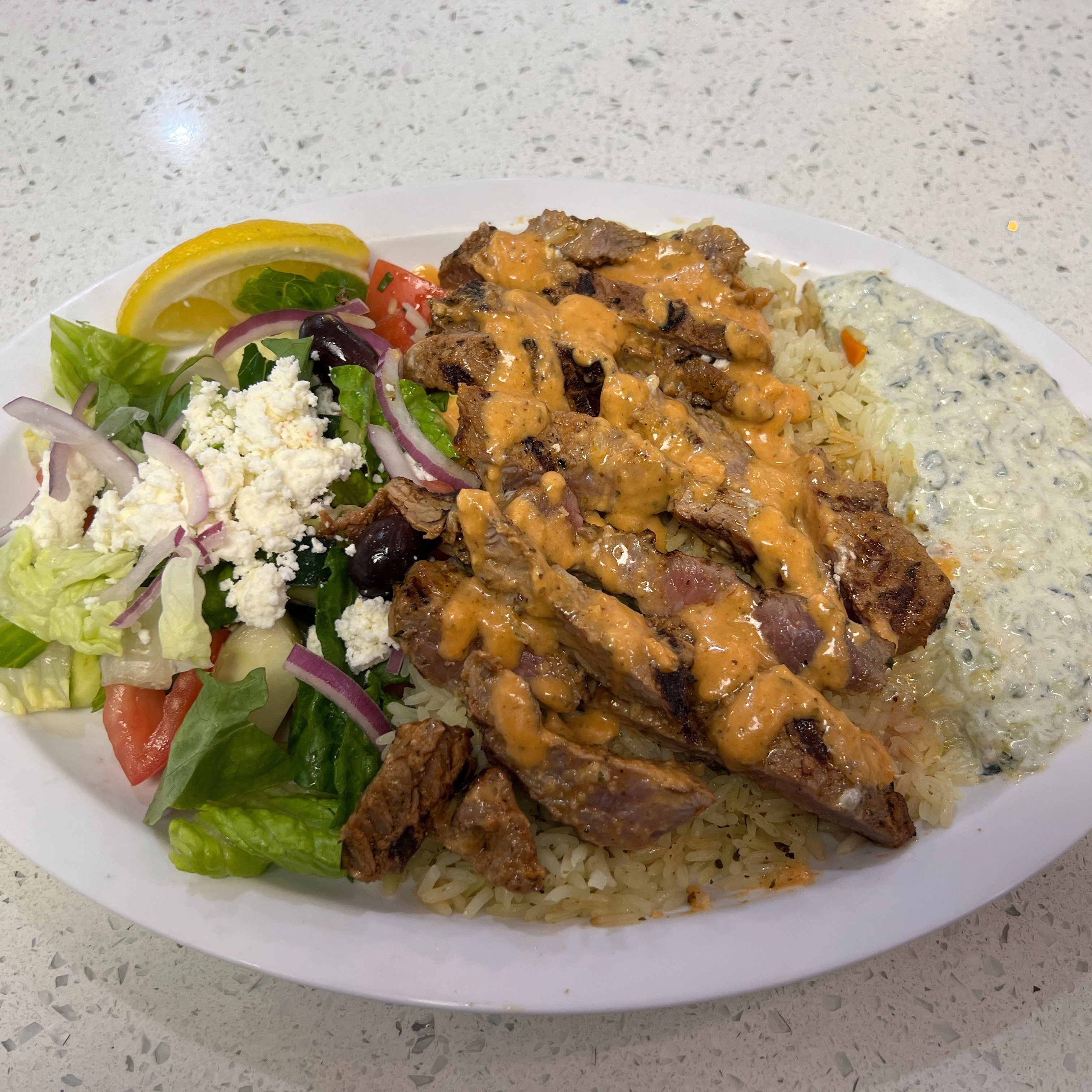 Steak Souvlaki Plate.