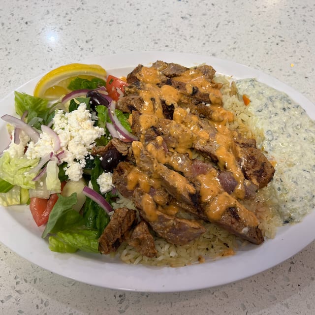 Steak Souvlaki Plate.