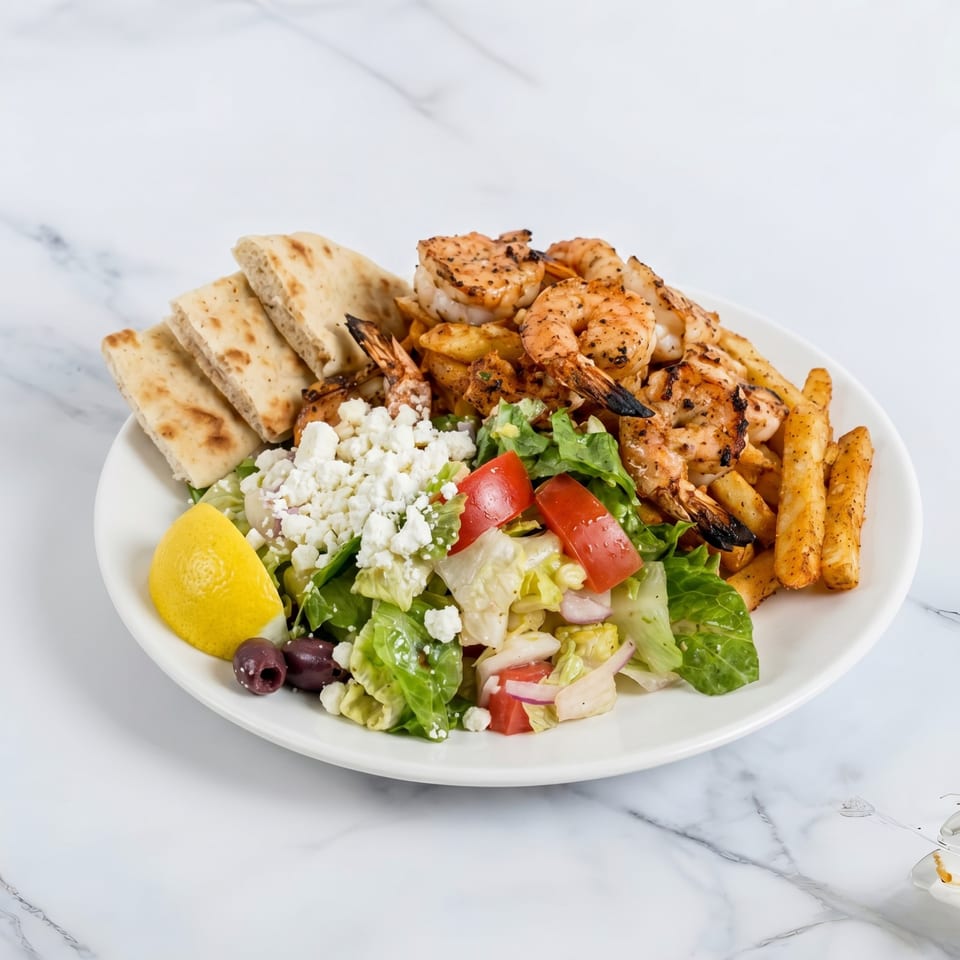 Grilled shrimp, fries, Greek salad with feta, olives, and pita bread on a white plate.