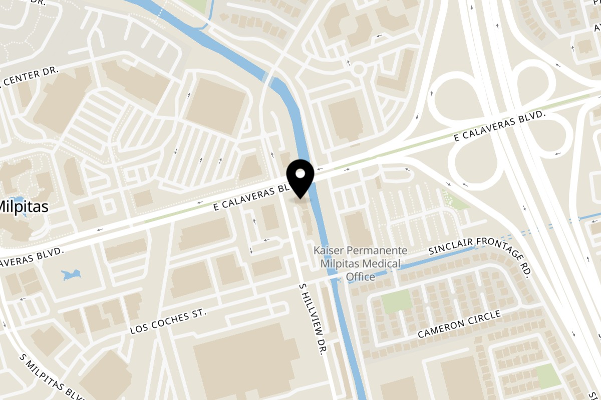 Map showing the location of Mikonos Grill on 756 E Calaveras Blvd in Milpitas